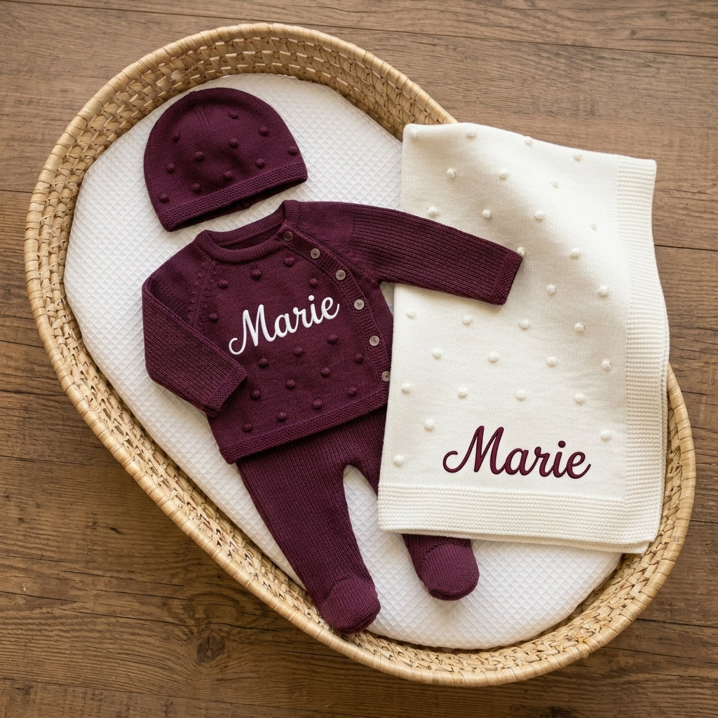 Conjunto Saída de Maternidade Personalizada - Tricot com Bolinhas