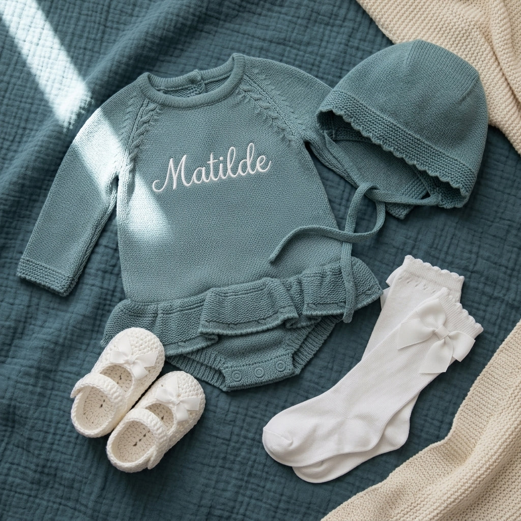 Saída de Maternidade Menina Personalizada - Tricot Verde Água