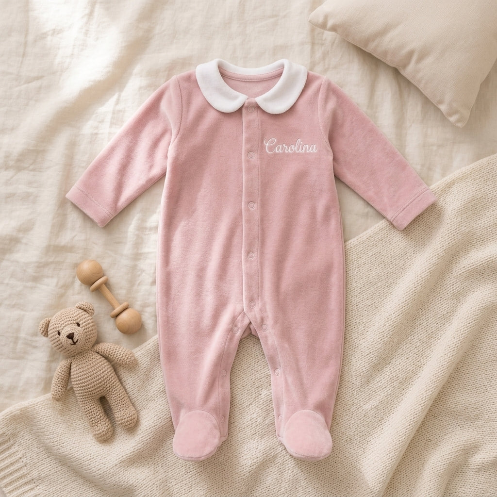 Babygrow Bebé Personalizado com Nome Bordado — Veludo com Gola