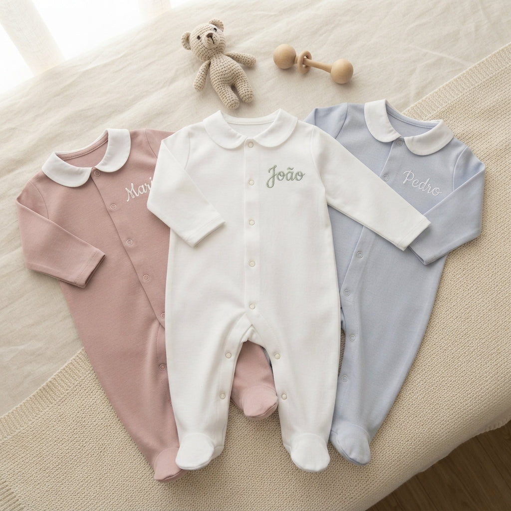 Babygrow Bebé Personalizado com Nome Bordado — Algodão com Gola