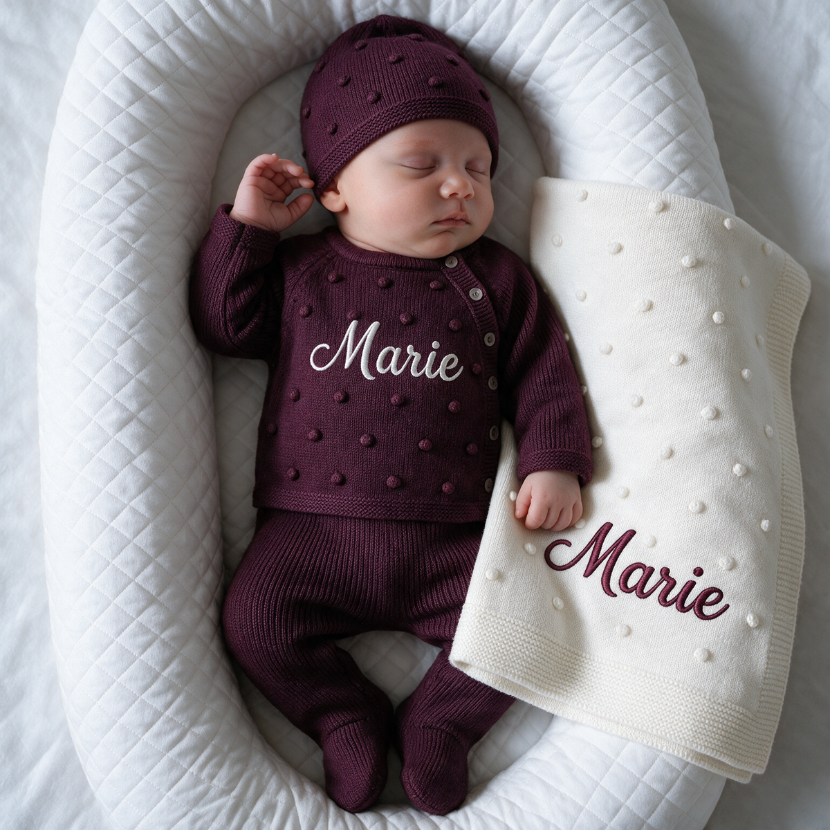 Conjunto Saída de Maternidade Personalizada - Tricot com Bolinhas